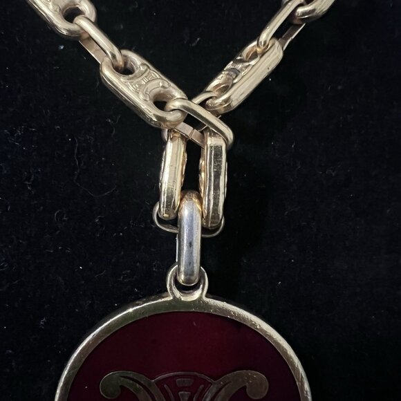 Celine Triomphe Logo Red Enamel Gold Tone Medallion Pendant w/Necklace - Picture 7 of 12